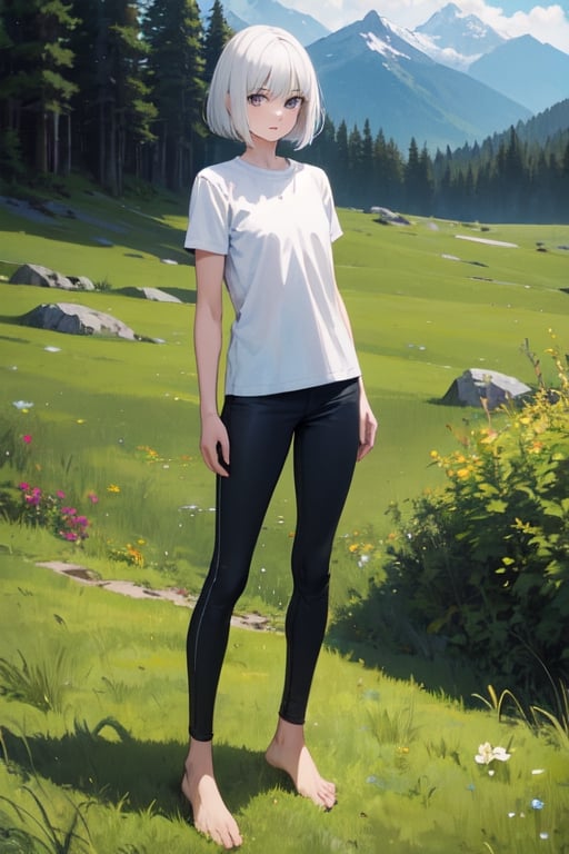 masterpiece, best quality, highres, 1girl, white hair, bob cut, beautiful detailed eyes, grey eyes, shirt, black shirt, short sleeve, skinny pants, gray pants, bare feet, standing, outdoor, grass, nature, mountains