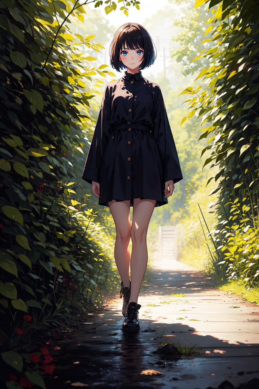 1girl, solo, full body, looking at viewer, nature background, bob cut, short hair