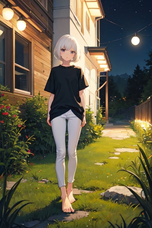 1girl, white hair, short hair, black sweater, short sleeve, skinny pants, gray pants, bare feet, standing, outdoor, nature, grass, nighttime, night, night sky