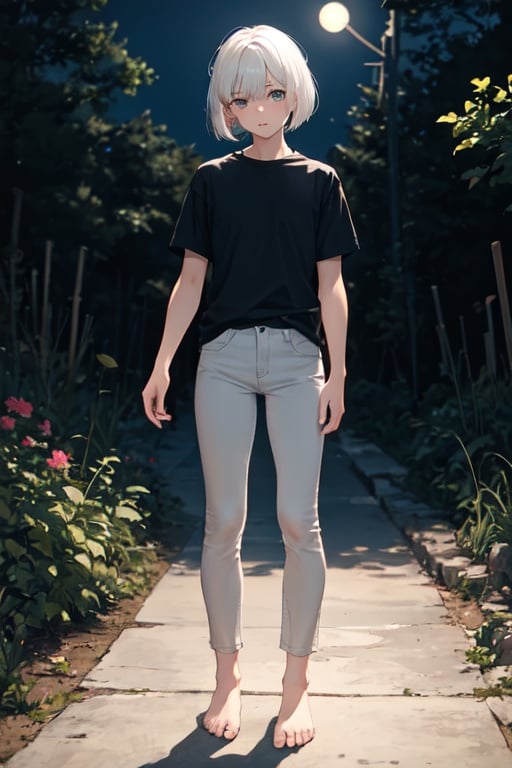 masterpiece, best quality, highres, 1girl, white hair, bob cut, beautiful detailed eyes, grey eyes, shirt, black shirt, short sleeve, skinny pants, gray pants, bare feet, standing, outdoor, nature, nighttime, night