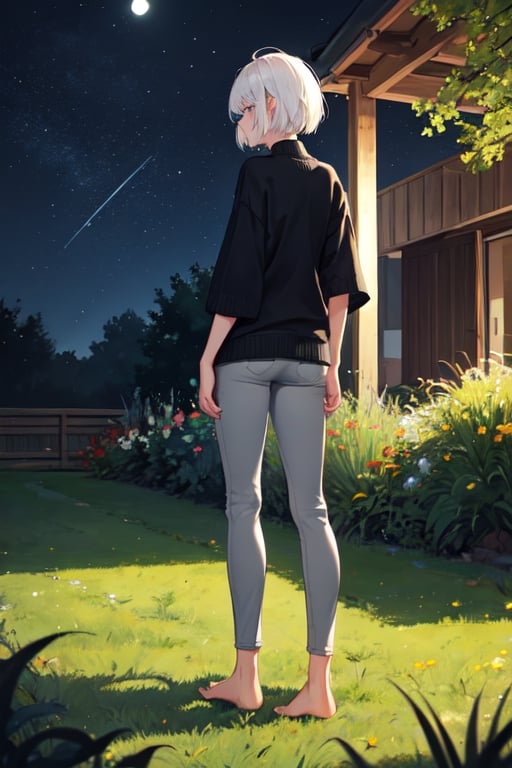 1girl, white hair, short hair, sweater, black sweater, short sleeve, skinny pants, gray pants, bare feet, standing, outdoor, nature, grass, nighttime, night, night sky