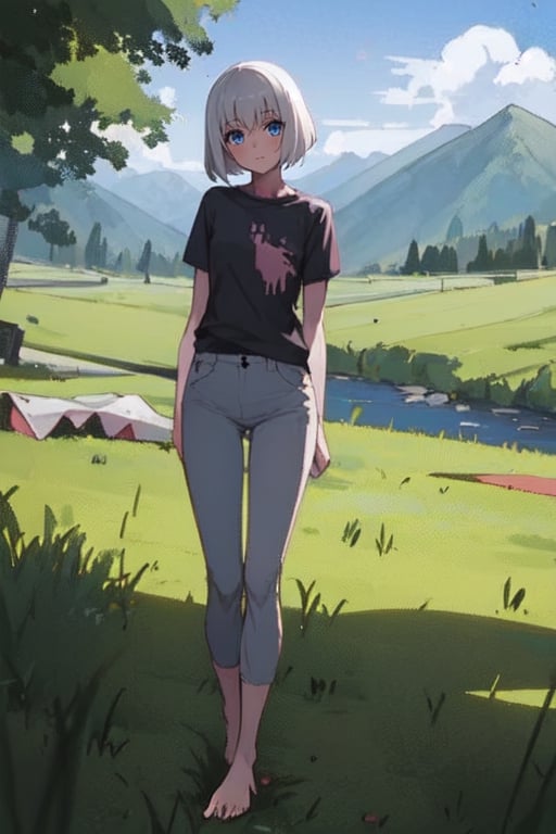 masterpiece, best quality, highres, 1girl, white hair, bob cut, beautiful detailed eyes, grey eyes, shirt, black shirt, short sleeve, skinny pants, gray pants, bare feet, standing, outdoor, grass, nature, mountains