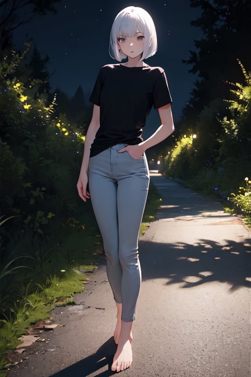 masterpiece, best quality, highres, 1girl, white hair, bob cut, beautiful detailed eyes, grey eyes, shirt, black shirt, short sleeve, skinny pants, gray pants, bare feet, standing, outdoor, nature background, nighttime, night