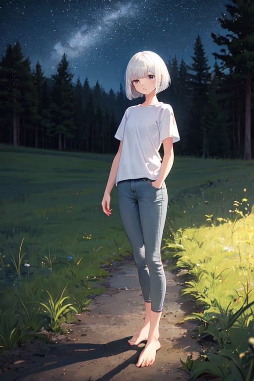 1girl, white hair, bob cut, beautiful detailed eyes, grey eyes, shirt, black shirt, short sleeve, skinny pants, gray pants, bare feet, standing, outdoor, nature, grass, nighttime, night, night sky, gloomy lighting