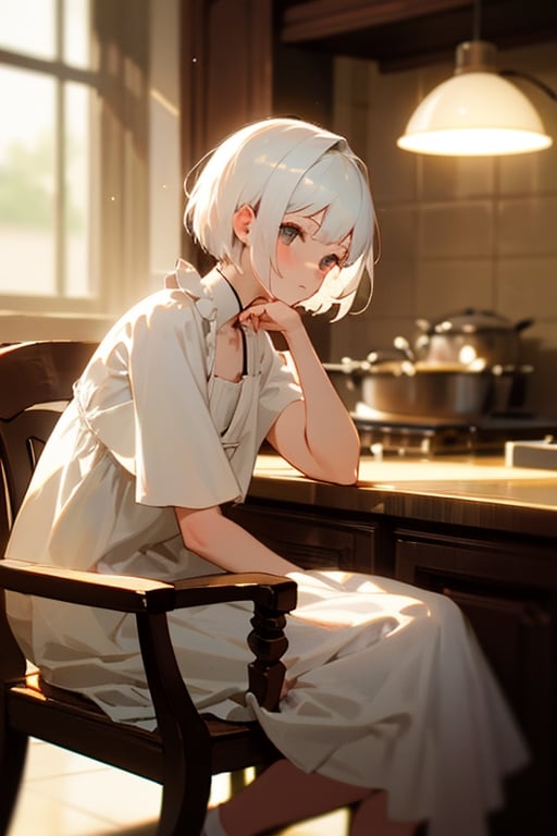 (masterpiece, best quality), 1girl with short white hair sitting on a chair, kitchen, her hand under her chin, warm lighting, white dress, blurry foreground, girl