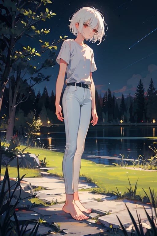 (masterpiece, best quality), 1girl, red eyes, white hair, short hair, shirt, short sleeve, skinny pants, gray pants, bare feet, standing, outdoor, nature, grass, nighttime, night, night sky