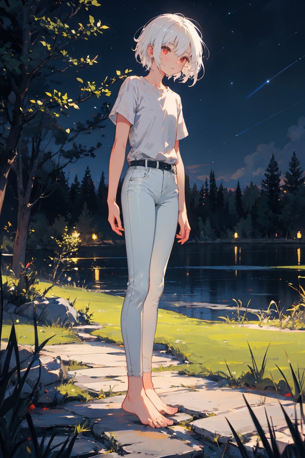 (masterpiece, best quality), 1girl, red eyes, white hair, short hair, shirt, short sleeve, skinny pants, gray pants, bare feet, standing, outdoor, nature, grass, nighttime, night, night sky