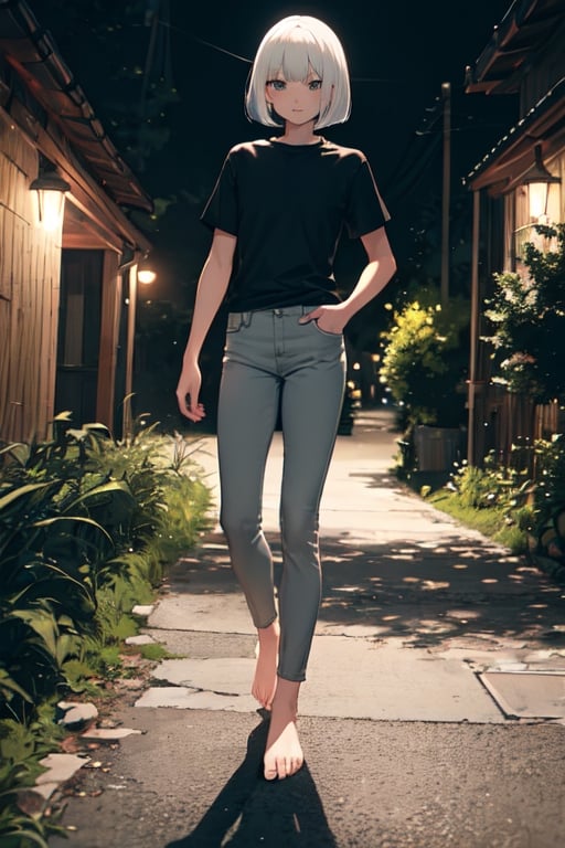 masterpiece, best quality, highres, 1girl, white hair, bob cut, beautiful detailed eyes, grey eyes, shirt, black shirt, short sleeve, skinny pants, gray pants, bare feet, standing, outdoor, nature background, nighttime, night