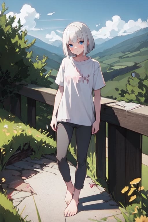 masterpiece, best quality, highres, 1girl, white hair, bob cut, beautiful detailed eyes, grey eyes, shirt, black shirt, short sleeve, skinny pants, gray pants, bare feet, standing, outdoor, nature, mountains