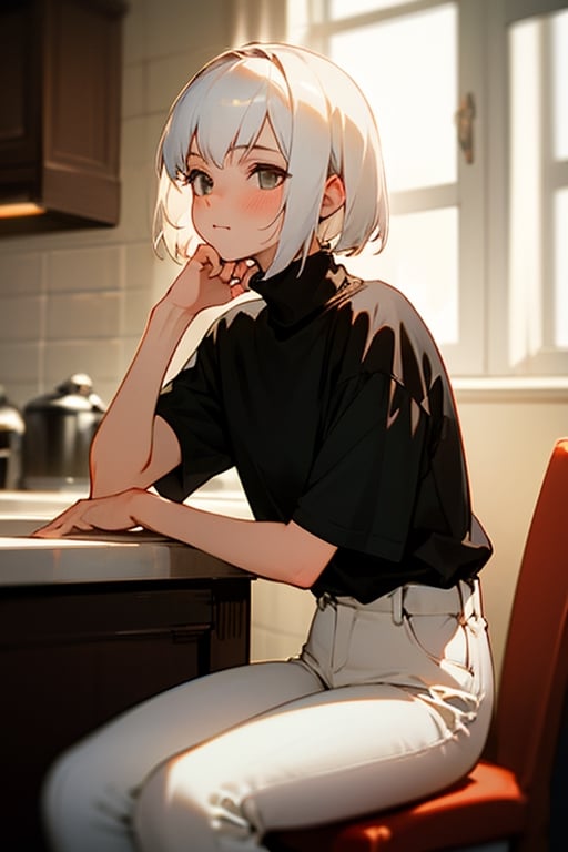 (masterpiece, best quality), 1girl with short white hair sitting on a chair, kitchen, her hand under her chin, warm lighting, black shirt, short sleeves, turtleneck, skinny pants, white pants, blurry foreground