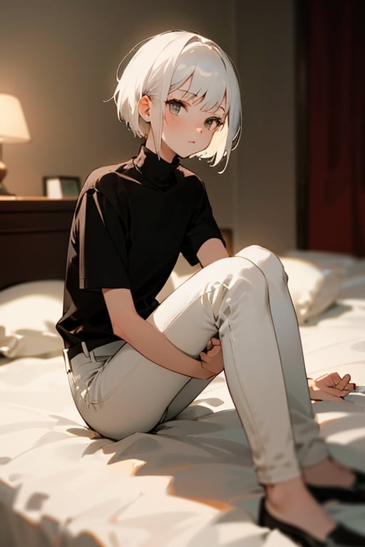 (masterpiece, best quality), 1girl with short white hair sitting on a bed, bedroom, her hand on her knees, warm lighting, black shirt, short sleeves, turtleneck, skinny pants, white pants, blurry foreground, girl