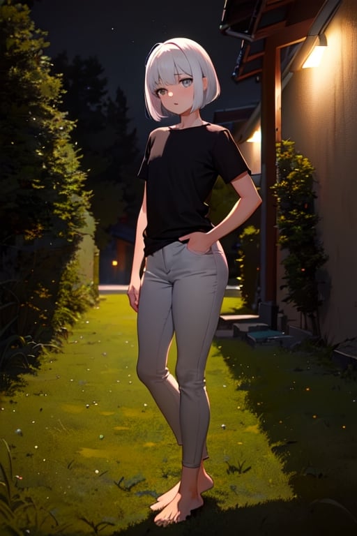 masterpiece, best quality, highres, 1girl, white hair, bob cut, beautiful detailed eyes, grey eyes, shirt, black shirt, short sleeve, skinny pants, gray pants, bare feet, standing, outdoor, grass, nighttime, night