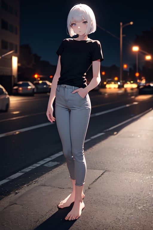 masterpiece, best quality, highres, 1girl, white hair, bob cut, beautiful detailed eyes, grey eyes, shirt, black shirt, short sleeve, skinny pants, gray pants, bare feet, standing, outdoor, natural background, nighttime, night