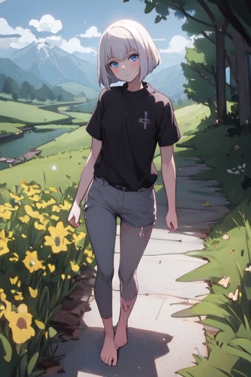 masterpiece, best quality, highres, 1girl, white hair, bob cut, beautiful detailed eyes, grey eyes, shirt, black shirt, short sleeve, skinny pants, gray pants, bare feet, standing, outdoor, nature, mountains