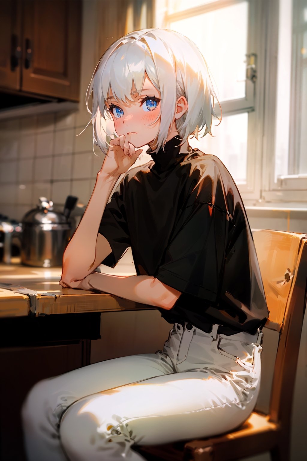 (masterpiece, best quality), 1girl with short white hair sitting on a chair, kitchen, her hand on her knees, warm lighting, black shirt, short sleeves, turtleneck, skinny pants, white pants, blurry foreground, girl