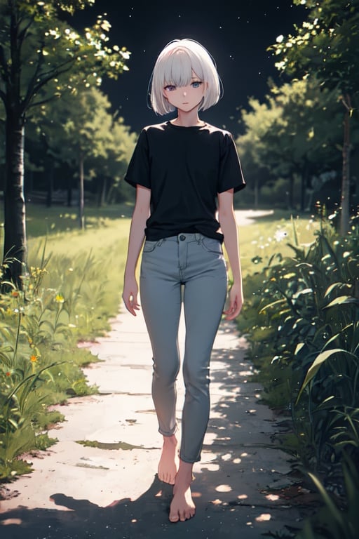 masterpiece, best quality, highres, 1girl, white hair, bob cut, beautiful detailed eyes, grey eyes, shirt, black shirt, short sleeve, skinny pants, gray pants, bare feet, standing, outdoor, nature, grass, nighttime, night, night sky, gloomy lighting