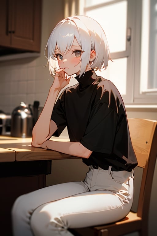 (masterpiece, best quality), 1girl with short white hair sitting on a chair, kitchen, her hand under her chin, warm lighting, black shirt, short sleeves, turtleneck, skinny pants, white pants, blurry foreground, girl