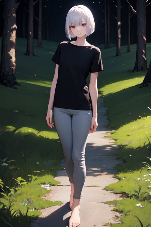 masterpiece, best quality, highres, 1girl, white hair, bob cut, beautiful detailed eyes, grey eyes, shirt, black shirt, short sleeve, skinny pants, gray pants, bare feet, standing, outdoor, grass, trees, nighttime, night