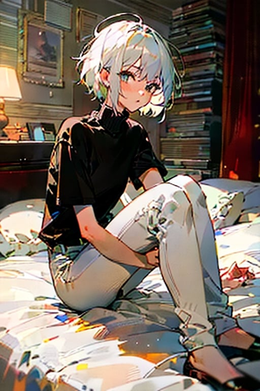 (masterpiece, best quality), 1girl with short white hair sitting on a bed, bedroom, her hand on her knees, warm lighting, black shirt, short sleeves, turtleneck, skinny pants, white pants, blurry foreground, girl