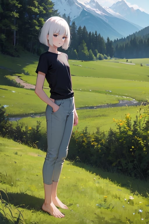 masterpiece, best quality, highres, 1girl, white hair, bob cut, flat chested, black shirt, short sleeve, skinny pants, gray pants, bare feet, standing, outdoor, grass, nature, mountains