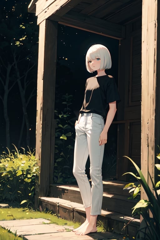 masterpiece, best quality, highres, 1girl, white hair, bob cut, beautiful detailed eyes, grey eyes, shirt, black shirt, short sleeve, skinny pants, gray pants, bare feet, standing, outdoor, nature, grass, nighttime, night, gloomy lighting