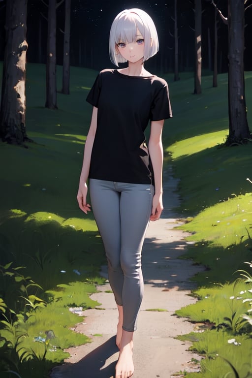 masterpiece, best quality, highres, 1girl, white hair, bob cut, beautiful detailed eyes, grey eyes, shirt, black shirt, short sleeve, skinny pants, gray pants, bare feet, standing, outdoor, grass, trees, nighttime, night