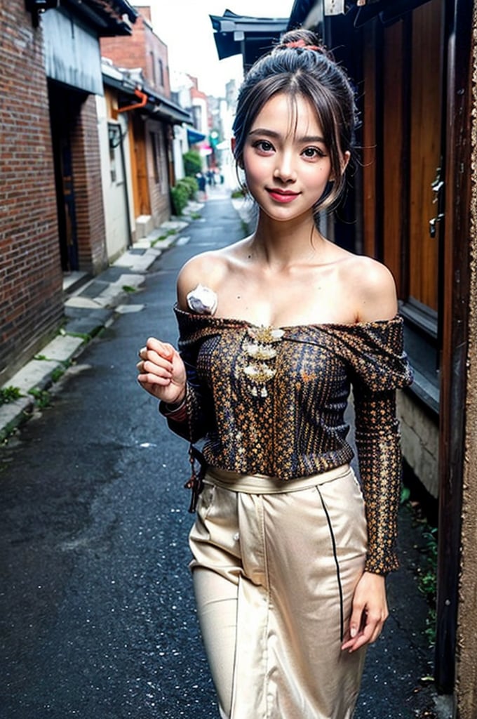 masterpiece, best quality, 16K HDR, 1 girl, solo, beautiful detailed eyes, bun, natural soft light, exquisite facial features, smile, looking at viewer, wearing off-shoulder new style  clothing, elegant model pose, outdoor,  Alley street background,oska