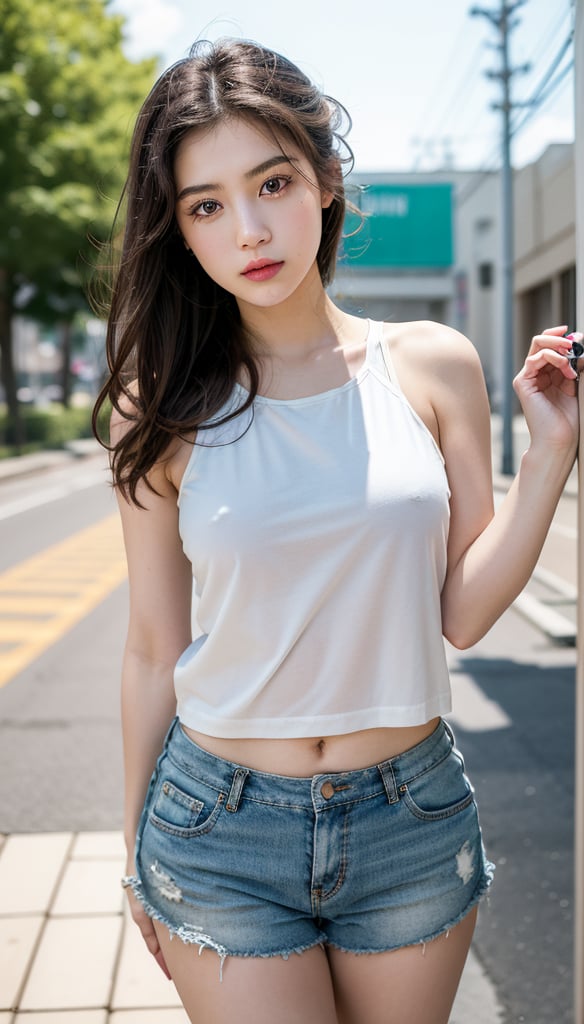 A fashionable young girl poses confidently amidst vibrant Japanese-style photography elements, 25yo, her colorful urban techwear outfit popping against the bright, sunny backdrop, her camera at the ready as she captures the artistic vibes surrounding her. tanktop, youthful energy, and a glimpse of toned legs and toned physique under the warm sunlight., ,Detailedface