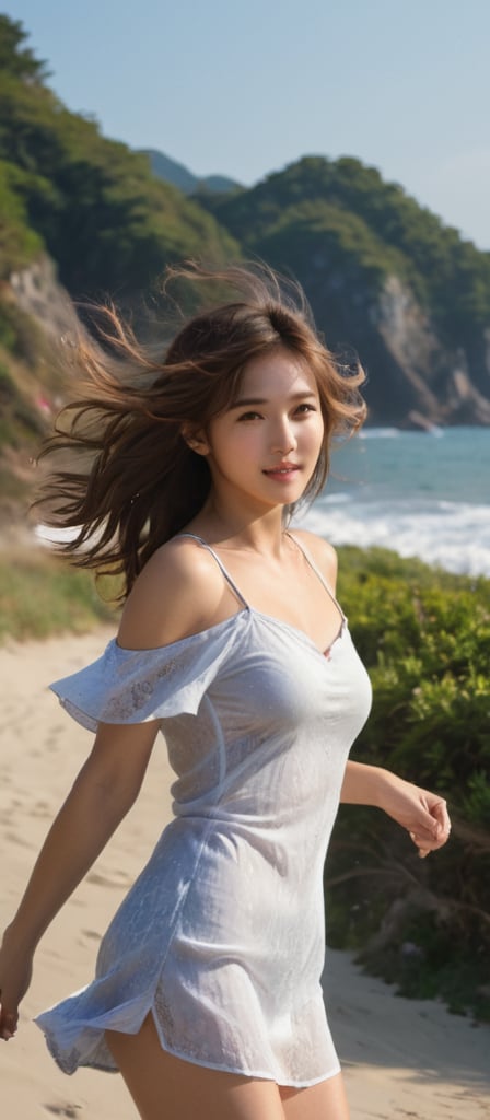Girl 1, Ultra High Definition, Windblown Hair, off_sholder, Brown Eyes, Brown Hair, Japanese, she is wearing sandals, Delicate Facial Features, hands_up, {{{Masterpiece}}}, {{Highest Quality}}, High Resolution, High Definition, Natural Poses in Everyday LifeGirl 1, Seconds High definition, wind blowing hair, brown eyes, brown hair, delicate facial features, {{{masterpiece}}}, {{highest quality}}, high resolution, high quality, very realistic, best coordination, color ,design ,wide_shot,full_body