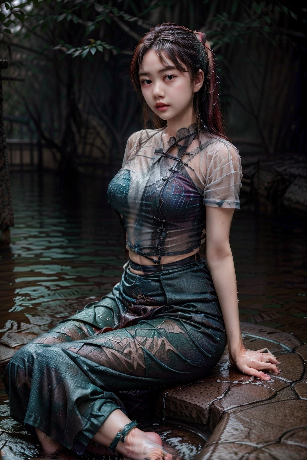 (masterpiece, high quality:1.5), (8K, HDR), realistic,photorealstic, best quality, 1girl, solo, PrettyLadyxmcc,OrgLadymm,gradient black background,long_ponytail,(pose:random poses),long_skirt,random poses,upper_body,random_view,((shirt:top_less,shirt_less)),wet,(Raining),water_spot,water_particular,((water falling her body)),((in the rain,sitting on stone))