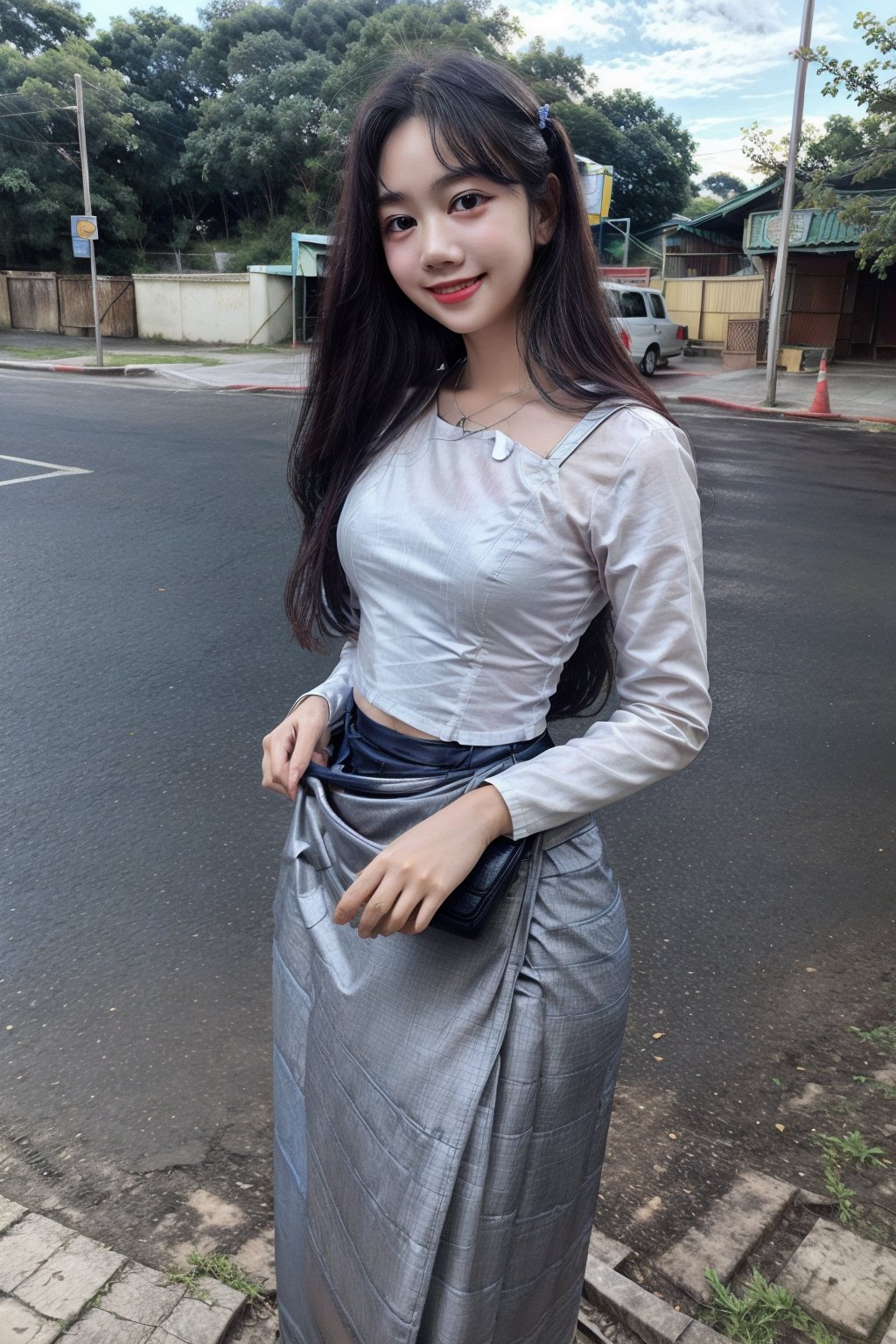 PrettyLadyxmcc,wearing acmmsayarma outfit,long_hair,((dark_blue_longskirt,white_shirt)),solo,realistic,school park,road,smile