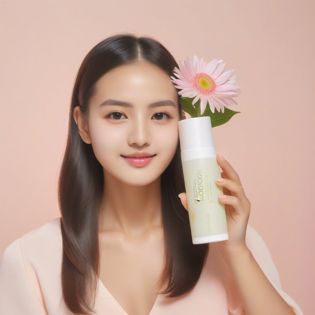 beautiful girl, glowing face, holding abloom toner(abloom products: 1.4)