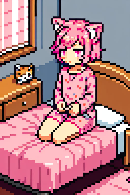 Natsuki,pink eyes,pink hair,two side up,chibi,pijama,cat pijama,cat ears,room,bedroom,dream,Pixel art