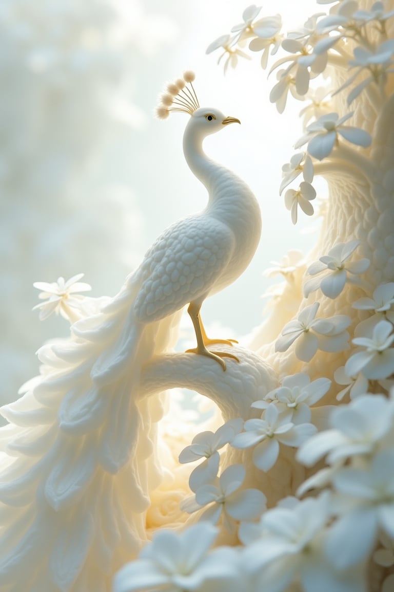 White peacock, in the style of the Rococo style, against a white background, with a dreamy atmosphere, a light and shadow art installation, intricate details, exquisite carving of jade material, peacocks in the forest, beautiful scenery, exquisite carving, exquisite three-dimensional effect, high-definition photography, meticulous painting.