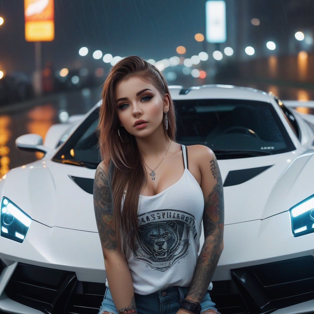 A girl,full bady, 8K quality,  high-quality real photos,  photoreality,white_body,cute ,sexy,hot,cute face,tattoos,emo,Russian,outdoors,city,night,raining,super car 