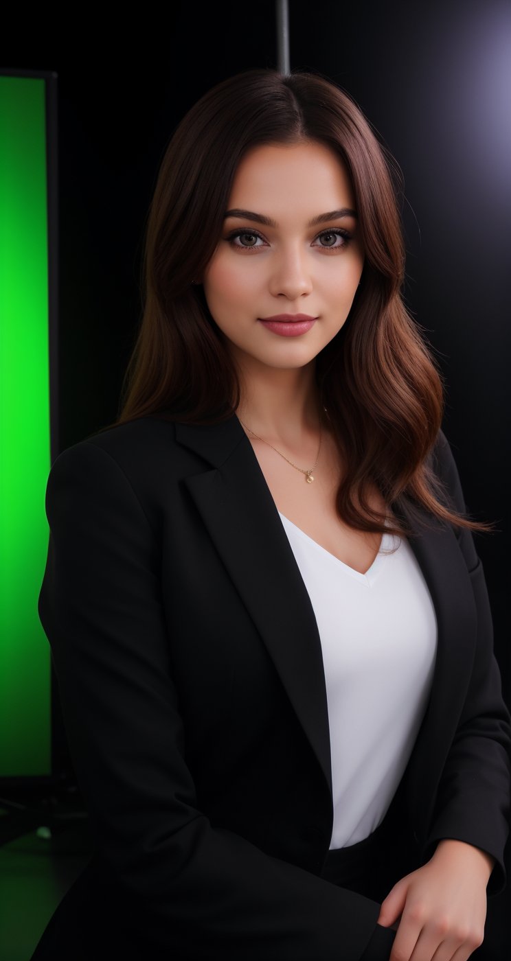 a beautiful girl wearing a black suit and giving a good pose and lighting background in studio and an ai inlfuencer and a colorful hair and pretty face and eyes pretty differnet pose