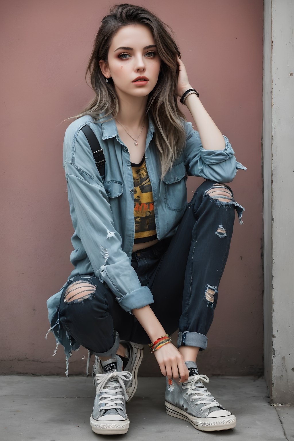 Sexy Girl portrait, style by Pajaritito490. Line and ink color painting, 1girl, solo, grunge fashion, distressed jean, oversized ripped flannel shirt layered over graphic band tee, cargo pants, worn-out sneakers paired with neon accent accessories, grey eyes, pale skin, look at viewer,