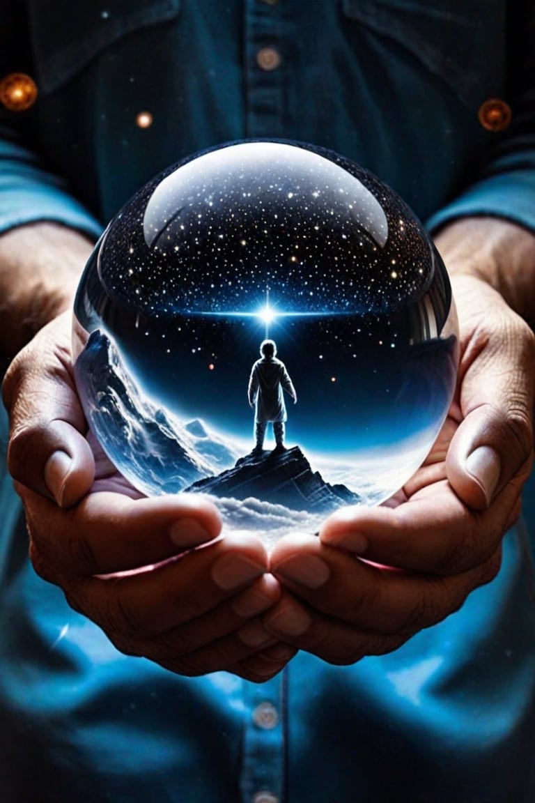 the universe contained within a glass ball. held in the hands of a god
