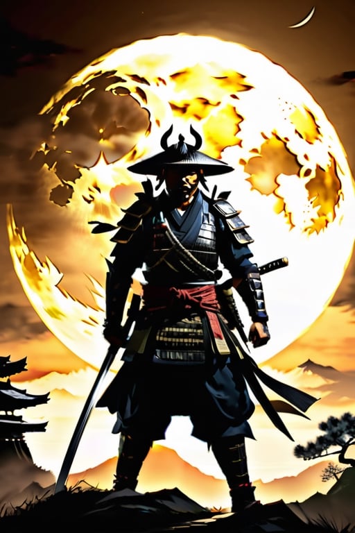 ghost of Tsushima, samurai with a long katana in front of a golden moon 