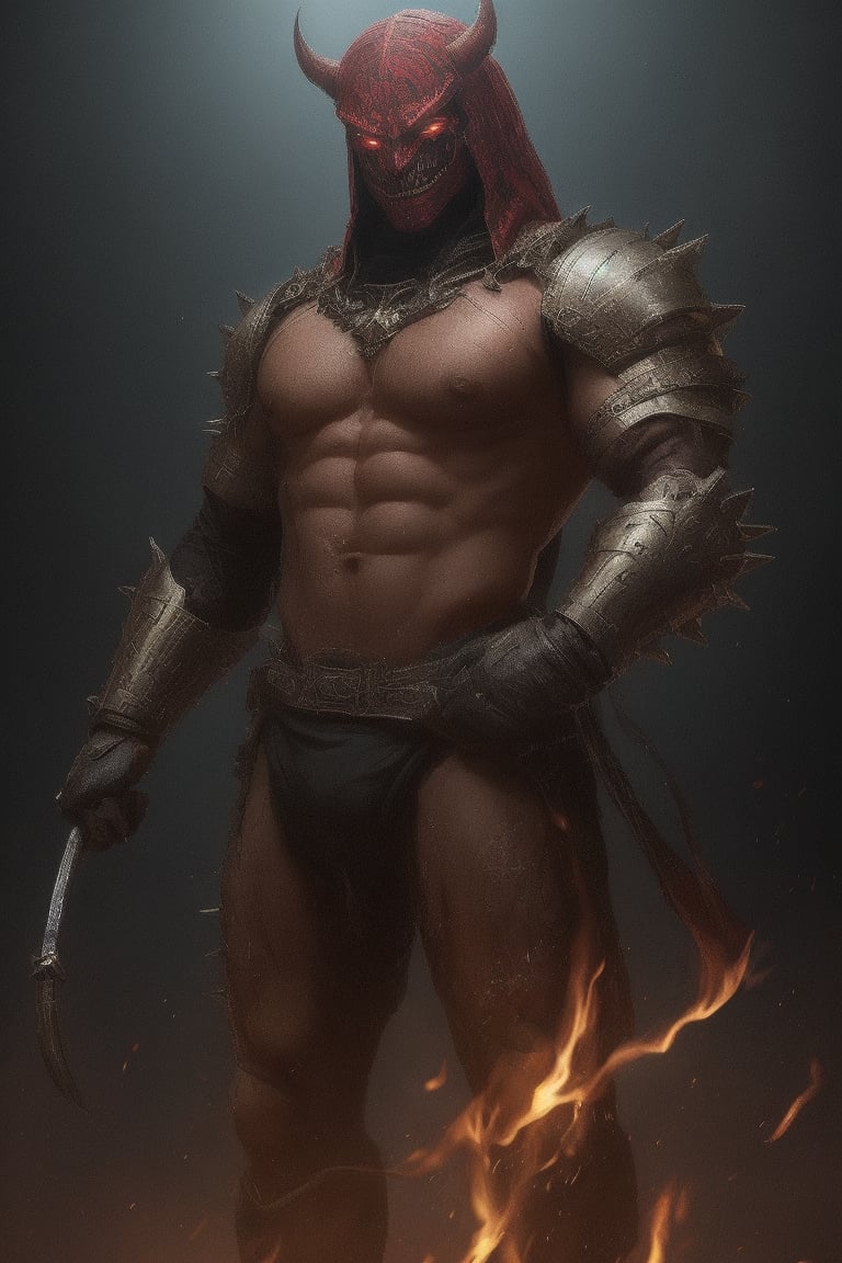 photorealistic, high resolution, soft light work of art,1man, sexy pose, Picture a young man with arms above his head, muscular body, short spiky red hair, full body, Wide Shot, wallpaper, (cinematic dramatic light), (detailed armored suit, ripped), (armored weapon:1), arcane, wind magic, magic surrounds, mesmerizing, visual effects, fire flying all over the shinning sky, creepy sad laughing demon mask, assassin weapon, perfect hands, sacred fantasy, dynamic pose, ancient portal in the background, JINKUNGFU, Male focus, Hard Gay focus,bara