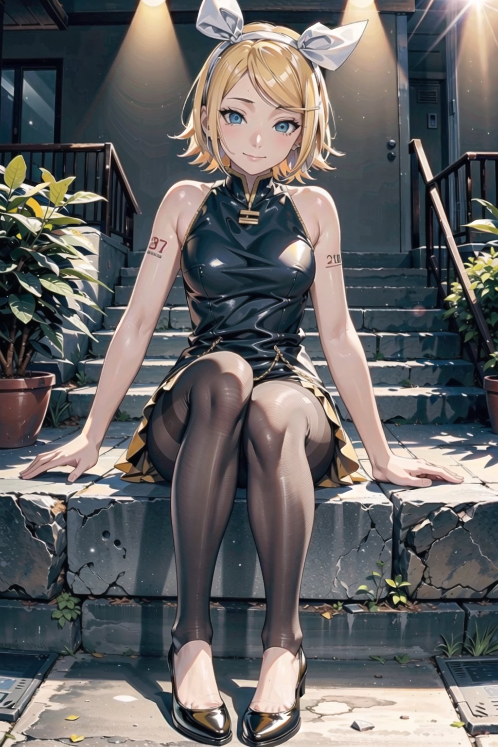 {{masterpiece, best quality, extremely detailed CG, unity 8k wallpaper, cinematic lighting, lens flare}},yellow hair,:,(pantyhose:1.2),(looking at viewer:1.2),blue eyes,wide view,full body,sitting,cosplay\(vocaloid\),thick body,blue eyes,stone, kagamine rin,path,,pantyhose,stockings,cosplay,, Rin kagamine,, half closed eyes, seductive smile, smut, seducing,exposed_leg,\(vocaloid\), Kagamine rin,rin kagamine,mating_press,mating press,Jungle,