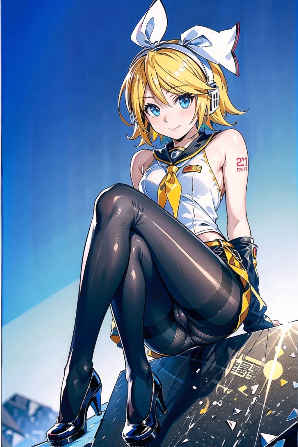 {{masterpiece, best quality, extremely detailed CG, unity 8k wallpaper, cinematic lighting, lens flare}},yellow hair,:,(pantyhose:1.2),(looking at viewer:1.2),blue eyes,wide view,full body,sitting,cosplay\(vocaloid\),thick body,blue eyes,stone, kagamine rin,path,,pantyhose,stockings,cosplay,, Rin kagamine,, half closed eyes, seductive smile, smut, seducing,exposed_leg,\(vocaloid\), Kagamine rin,rin kagamine,Kagamine Rin, basic light colour background,cosplay,golden ratio body anatomy