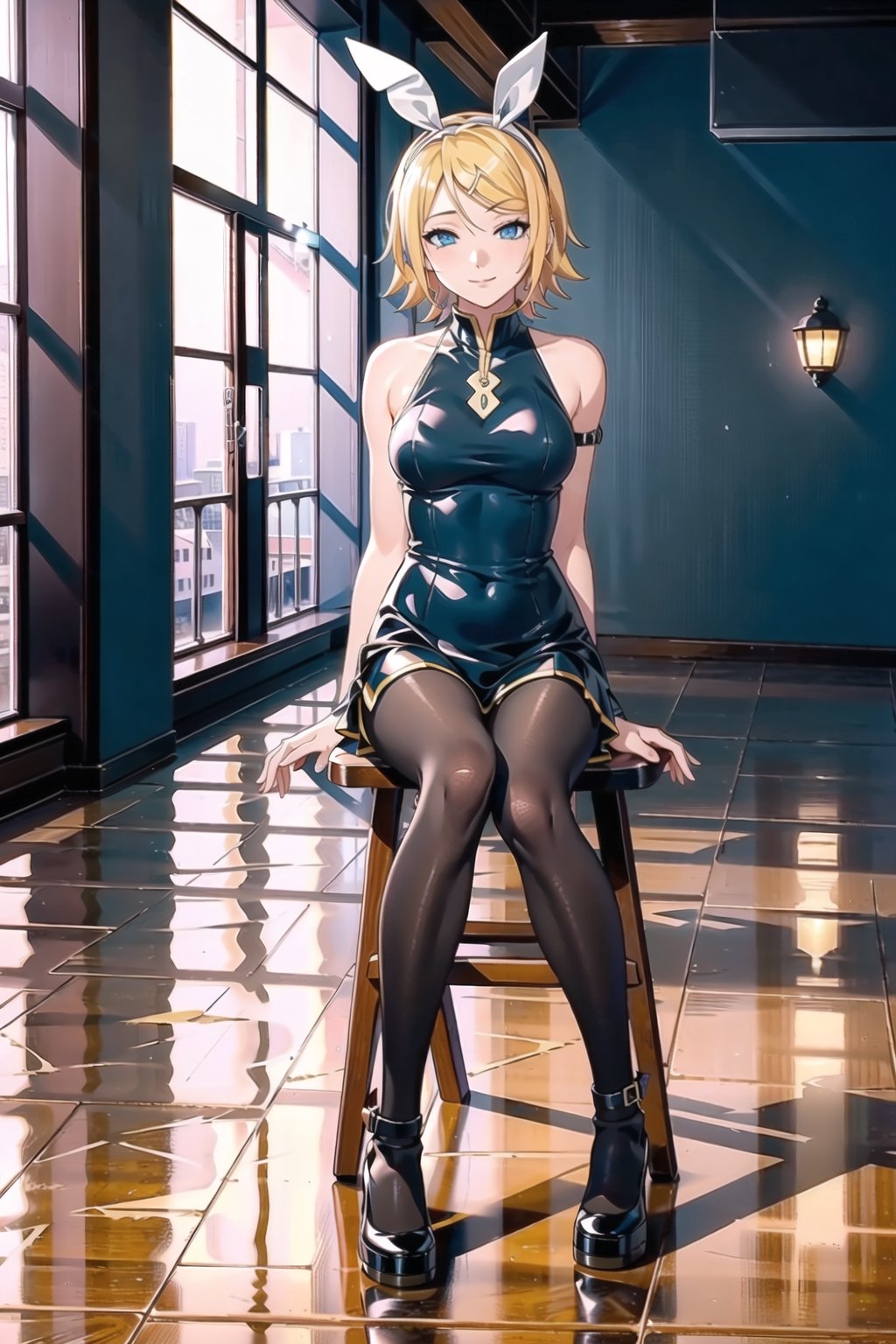 {{masterpiece, best quality, extremely detailed CG, unity 8k wallpaper, cinematic lighting, lens flare}},yellow hair,:,(pantyhose:1.2),(looking at viewer:1.2),blue eyes,wide view,full body,sitting,cosplay\(vocaloid\),thick body,blue eyes,stone, kagamine rin,path,,pantyhose,stockings,cosplay, Bunnygirl suit, Rin kagamine,playboy_bunny,bunny_suit,bunnygirl,, half closed eyes, seductive smile, smut, seducing,exposed_leg,\(vocaloid\), Kagamine rin,rin kagamine