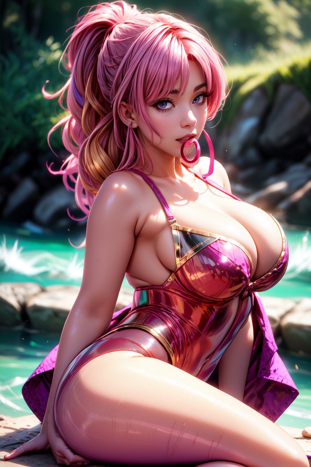 sexy girl,black open gothic dress. In the background, the river is rushing violently. Detailed eyes, detailed image, detailed skin; slut smile. colored long hair, gold hairpin. purple eyes. A well-proportioned and beautiful whore's body. sunrise,pastel colors, Beautiful, masterpiece, pink hair, red underwear,Sexy Pose,1 girl,beautiful,hair tie in mouth,sexbodysuit