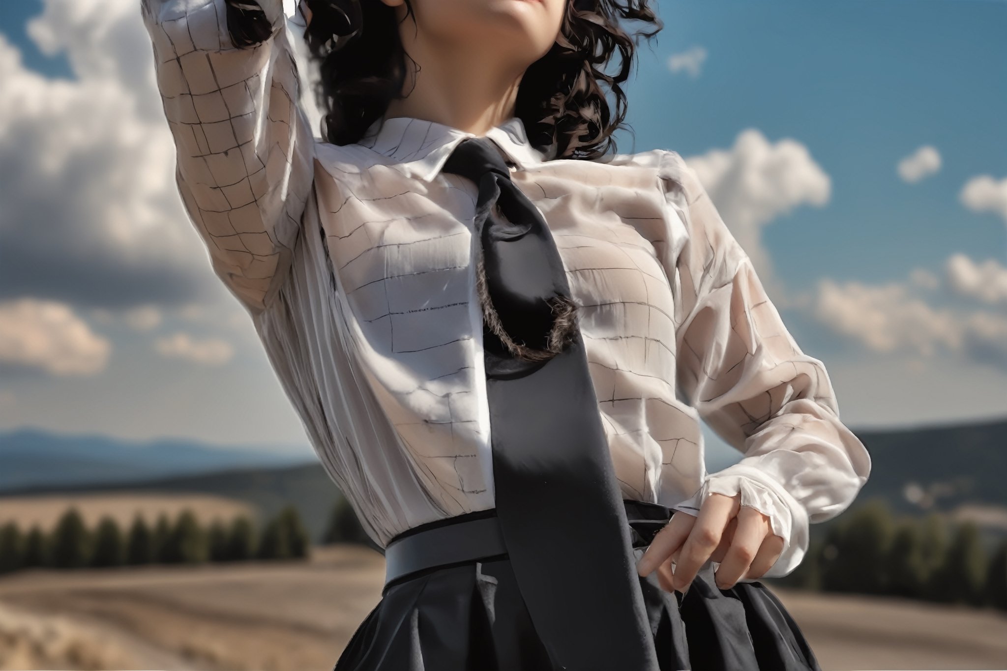 RAW photo, (highly detailed skin:1.2). 8k UHD, DSLR, soft lighting, Highly detailed. Film grain, Fujifilm XT3.,art_booster, 1girl, girl stands against the sky with her hand covering her face, in a blouse, rolled up sleeves, black curly hair, black pants, belt, длинный галстук