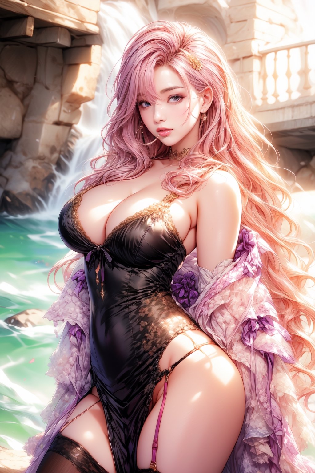 sexy girl,black open gothic dress. In the background, the river is rushing violently. Detailed eyes, detailed image, detailed skin; slut smile. colored long hair, gold hairpin. purple eyes. A well-proportioned and beautiful whore's body. sunrise,pastel colors, Beautiful, masterpiece, pink hair, red underwear,Sexy Pose,1 girl,beautiful,hair tie in mouth