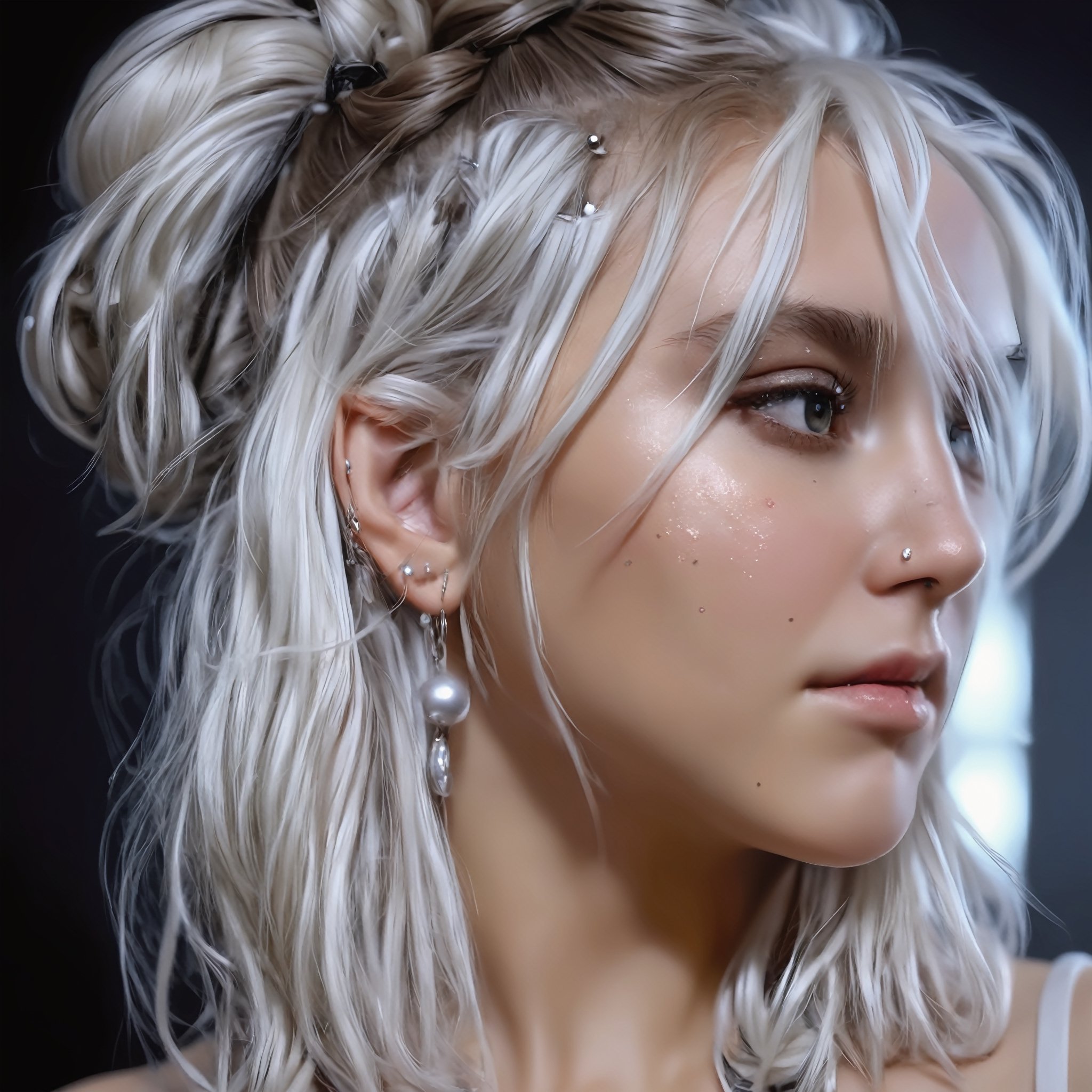 RAW photo, (highly detailed skin:1.2). 8k UHD, DSLR, soft lighting, Highly detailed. Film grain, Fujifilm XT3.,art_booster, 1girl, a girl’s face in a frame without a body, white wavy hair gathered in a sloppy bun, with an earring, silver jewelry in her hair, a beautiful face with makeup, смотрит в сторону, дальний глаз закрыт от смотрящего волосами