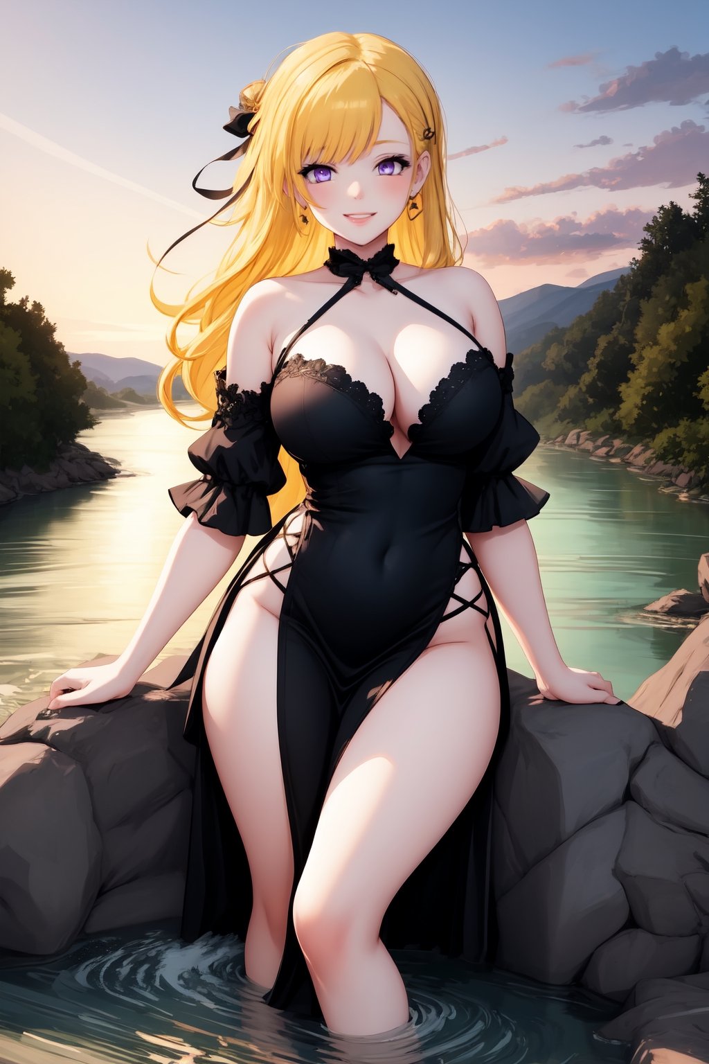 sexy girl,black open gothic dress. In the background, the river is rushing violently. Detailed eyes, detailed image, detailed skin; slut smile. colored long hair, gold hairpin. purple eyes. A well-proportioned and beautiful whore's body. sunrise,pastel colors, Beautiful, masterpiece, the most open body, yellow hair