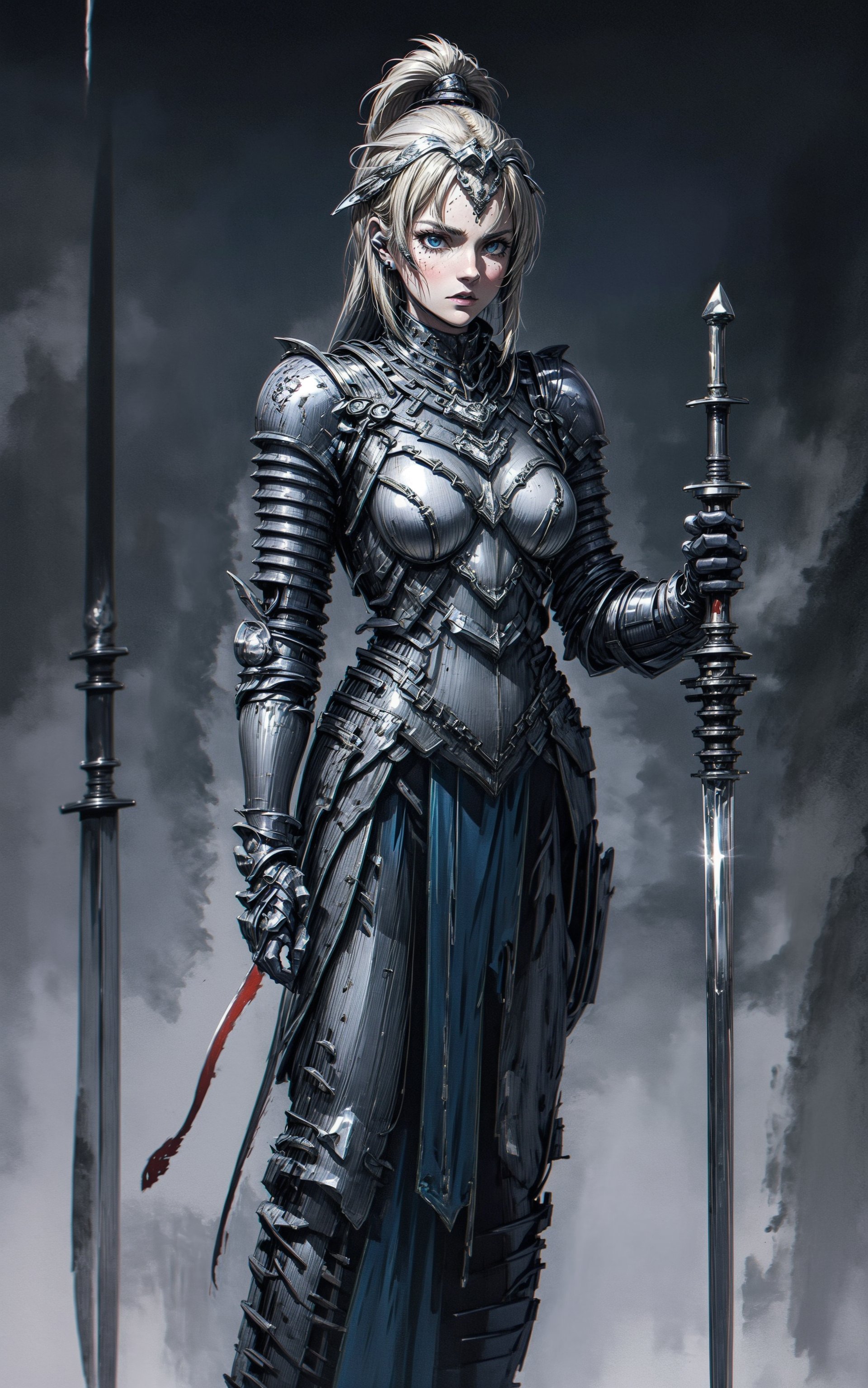 portrait of a warrior woman wearing a unique combination of metal and cloth armor, blending durability with flexibility. The armor should be designed to fit her body perfectly, providing both protection and freedom of movement. She wields a powerful two-handed sword in a confident and skilled manner, showcasing her expertise in combat. Capture the intensity in her eyes and the determination in her expression as she stands against a background that complements her warrior persona, such as a battlefield or a rugged landscape,HGS_1