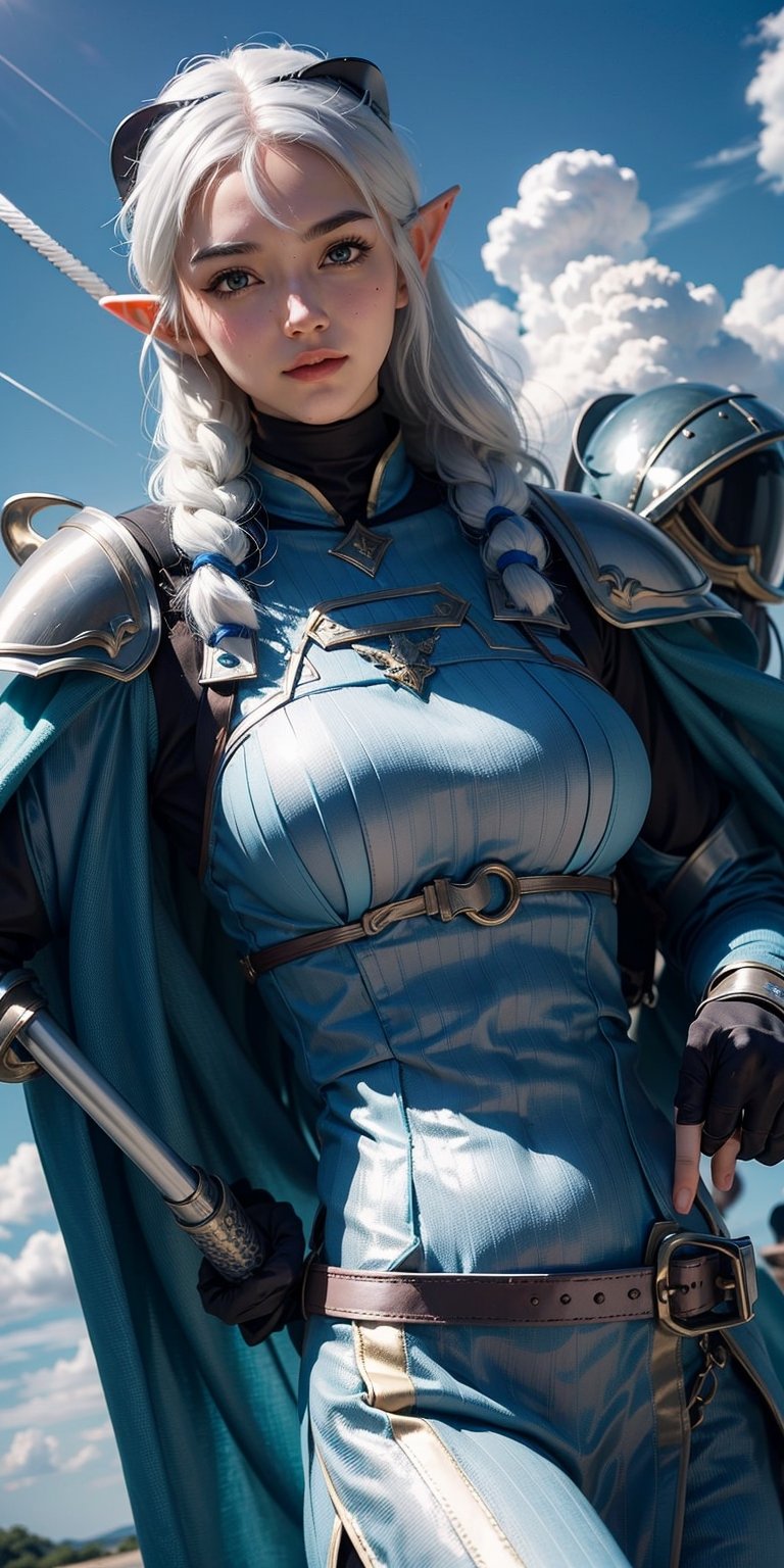 1girl, solo, long hair, looking at viewer, white hair, gloves, holding, closed mouth, weapon, outdoors, sky, day, pointy ears, belt, sword, cloud, cape, armor, blue sky, helmet, elf, shoulder armor, sheath, brown gloves, headwear removed, pauldrons, shield, sheathed, breastplate, knight, helmet removed, holding helmet,Viking Elf,high_res, 
